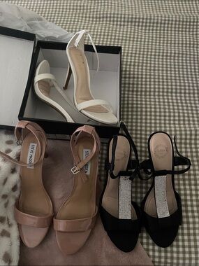 Madden, Lulu, Miller Trio: White, Nude (Blush) & Black Ankle-Strap Heels